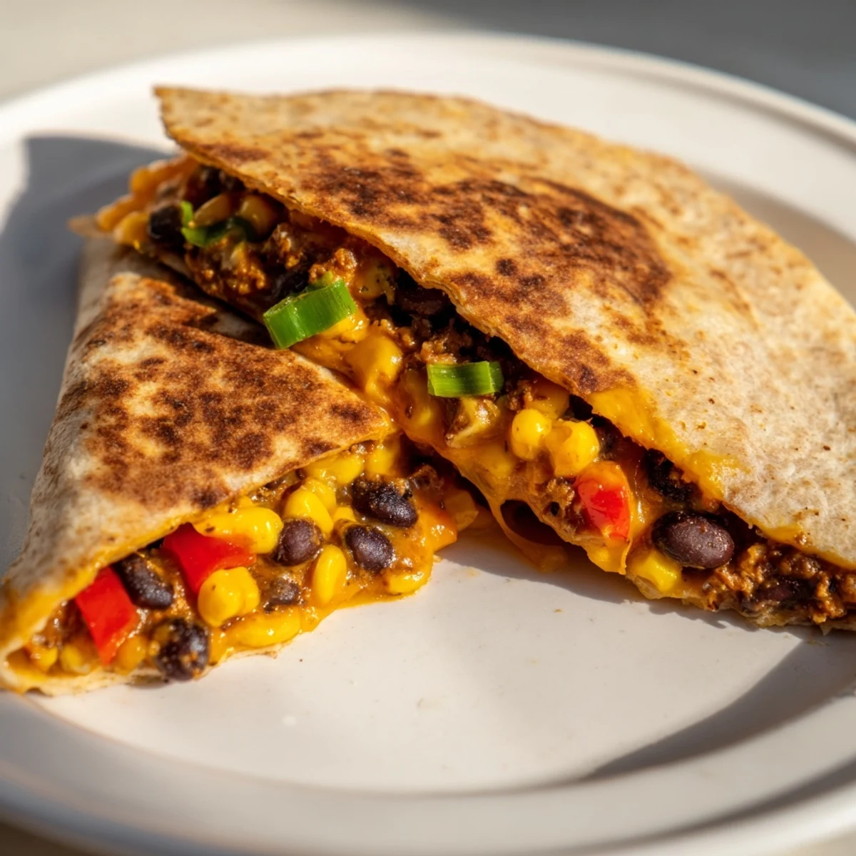 Golden brown Quick Black Bean and Corn Quesadillas, oozing with melted cheese and fresh corn filling.
