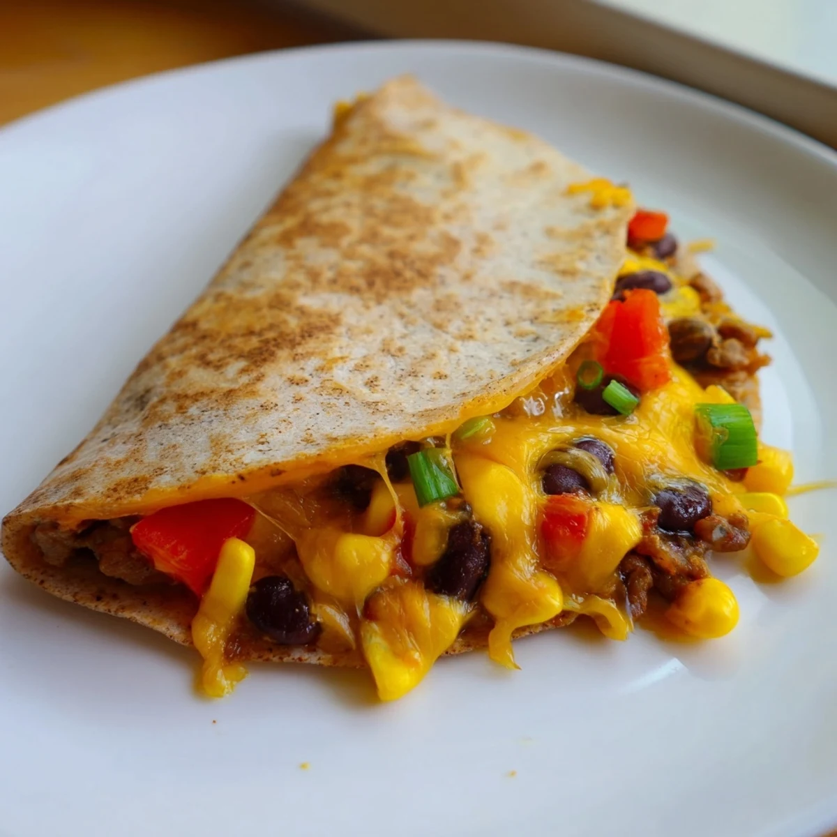 A close-up of a perfectly cooked Quick Black Bean and Corn Quesadilla, ready to serve with toppings.