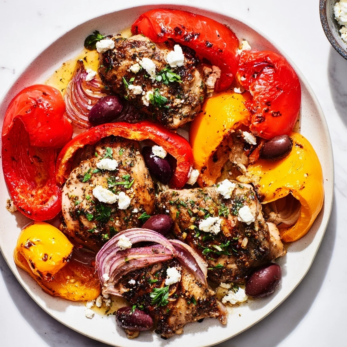 Tender, juicy Easy Sheet Pan Greek Chicken thighs alongside colorful, caramelized vegetables on a sheet pan.