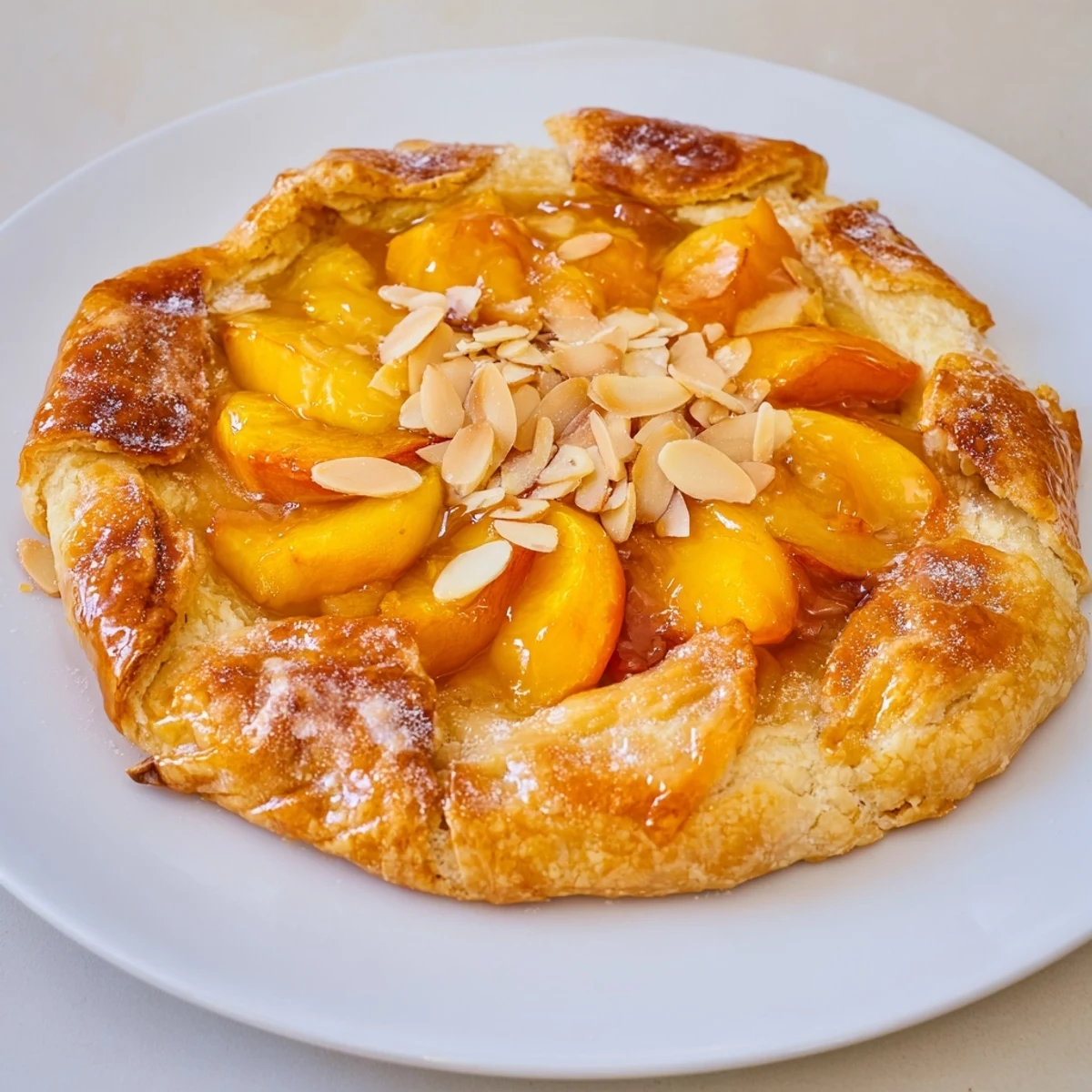 Golden-crusted Rustic Peach and Almond Tart, brimming with juicy peaches and a creamy almond filling.