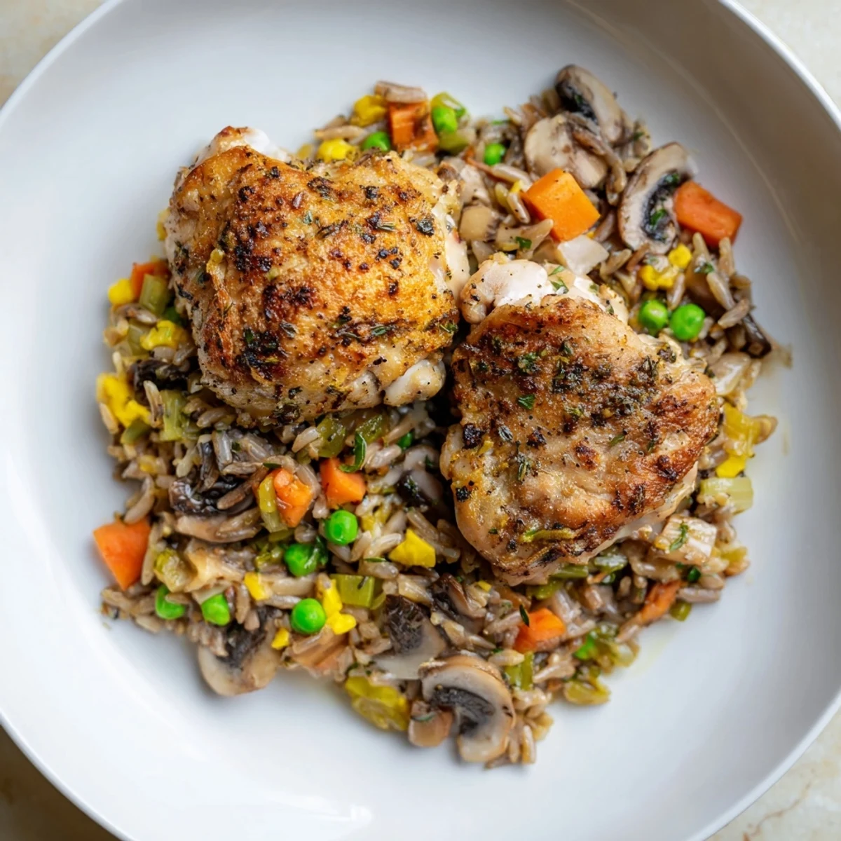 One-pan creamy chicken and wild rice, with golden-brown chicken atop a simmering, creamy broth.