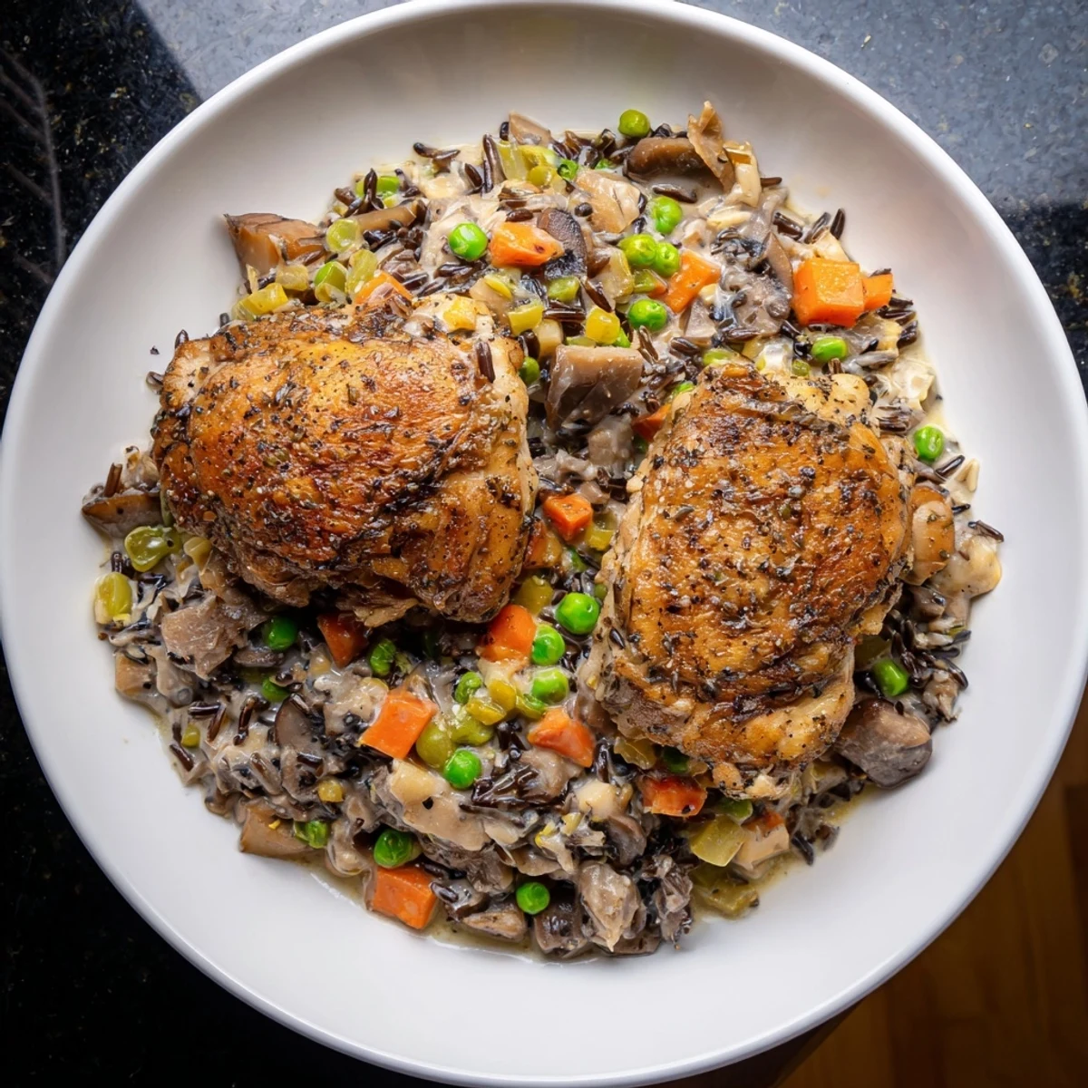 Tender chicken thighs and wild rice in a creamy sauce, a beautiful, easy all-in-one pan meal.