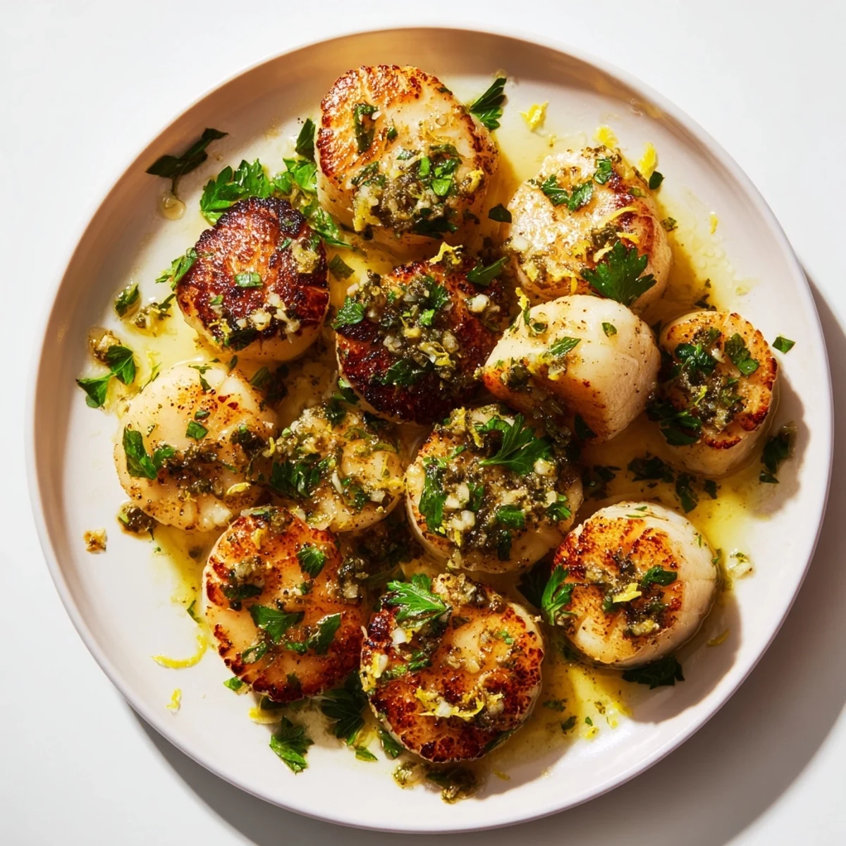 Perfectly seared pan-seared scallops, tender and juicy, drizzled with savory garlic butter sauce.