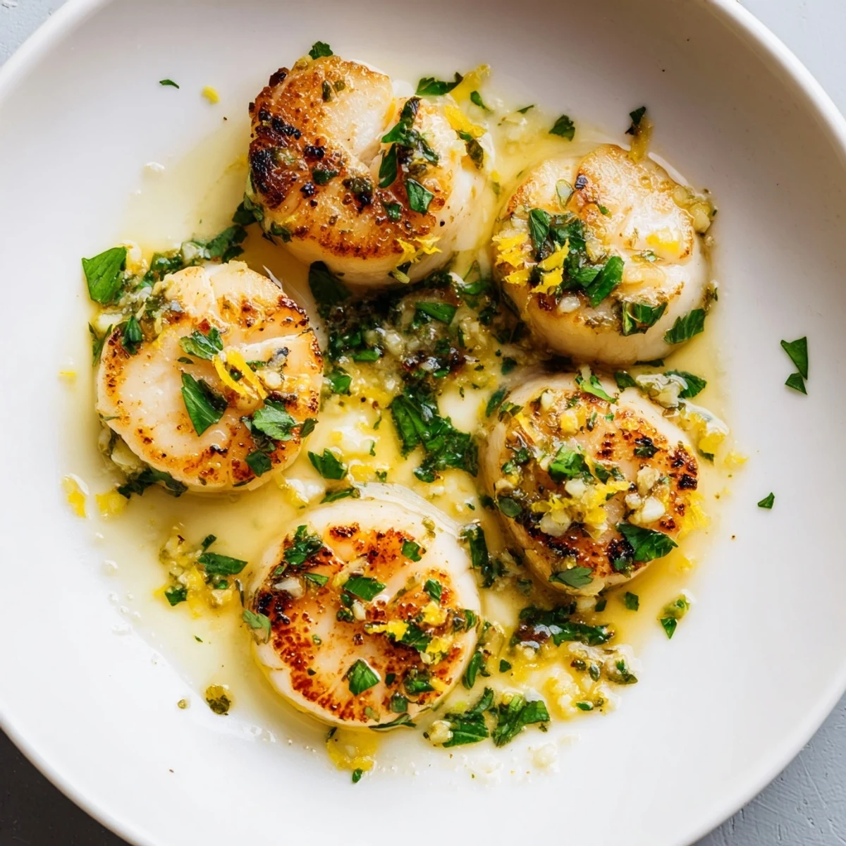 Golden-brown pan-seared scallops glistening with garlic butter alongside fresh parsley, ready to enjoy.