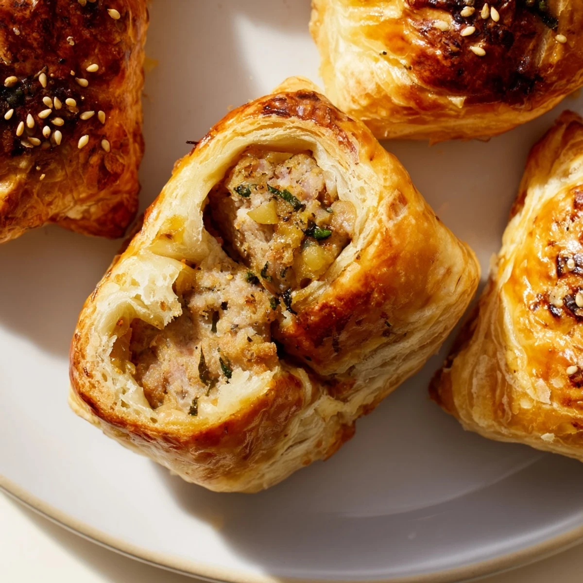 Golden, baked homemade savory sausage rolls, with flaky pastry and a savory sausage filling.
