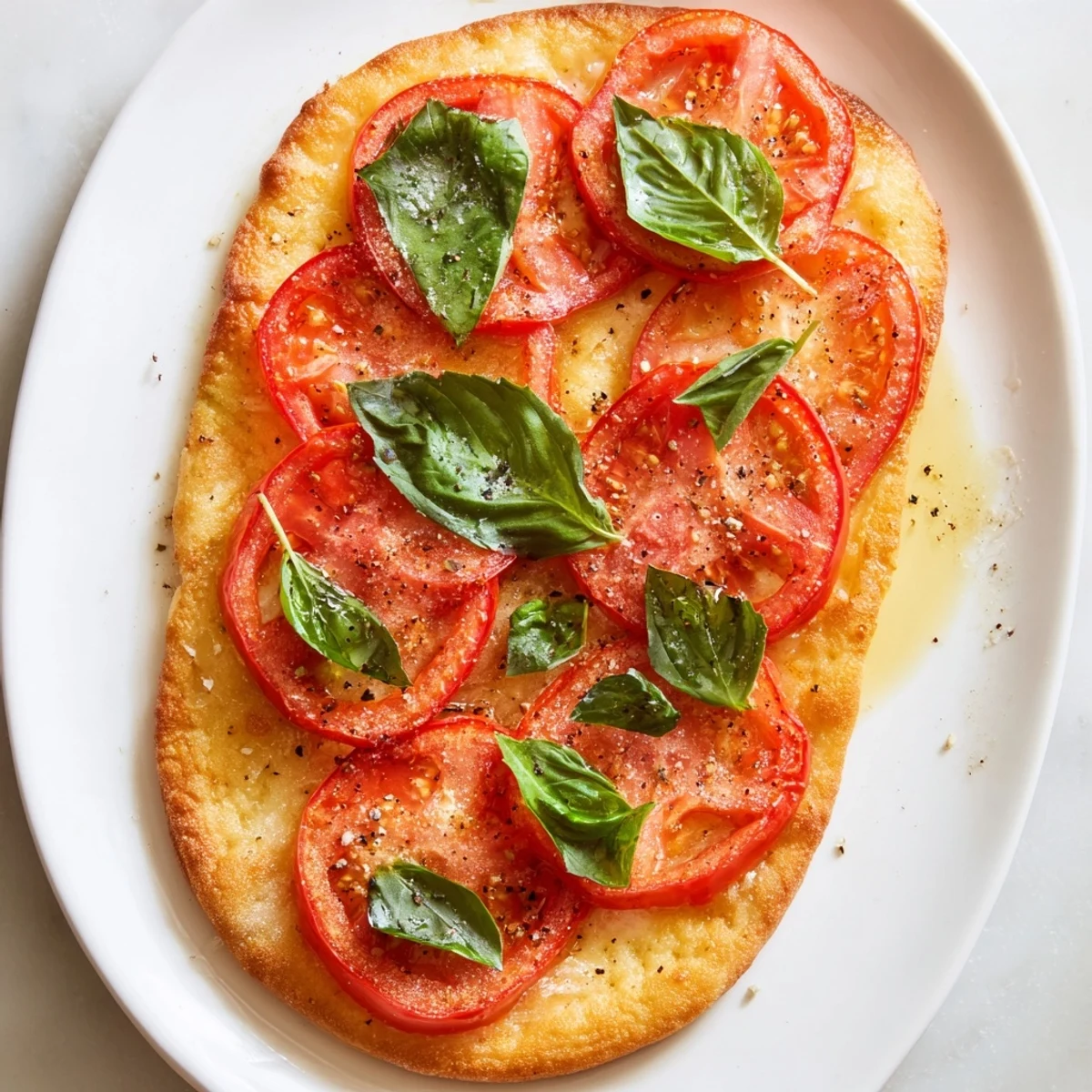 Golden-baked Simple Homemade Tomato and Basil Flatbread, featuring vibrant tomatoes and fresh basil.