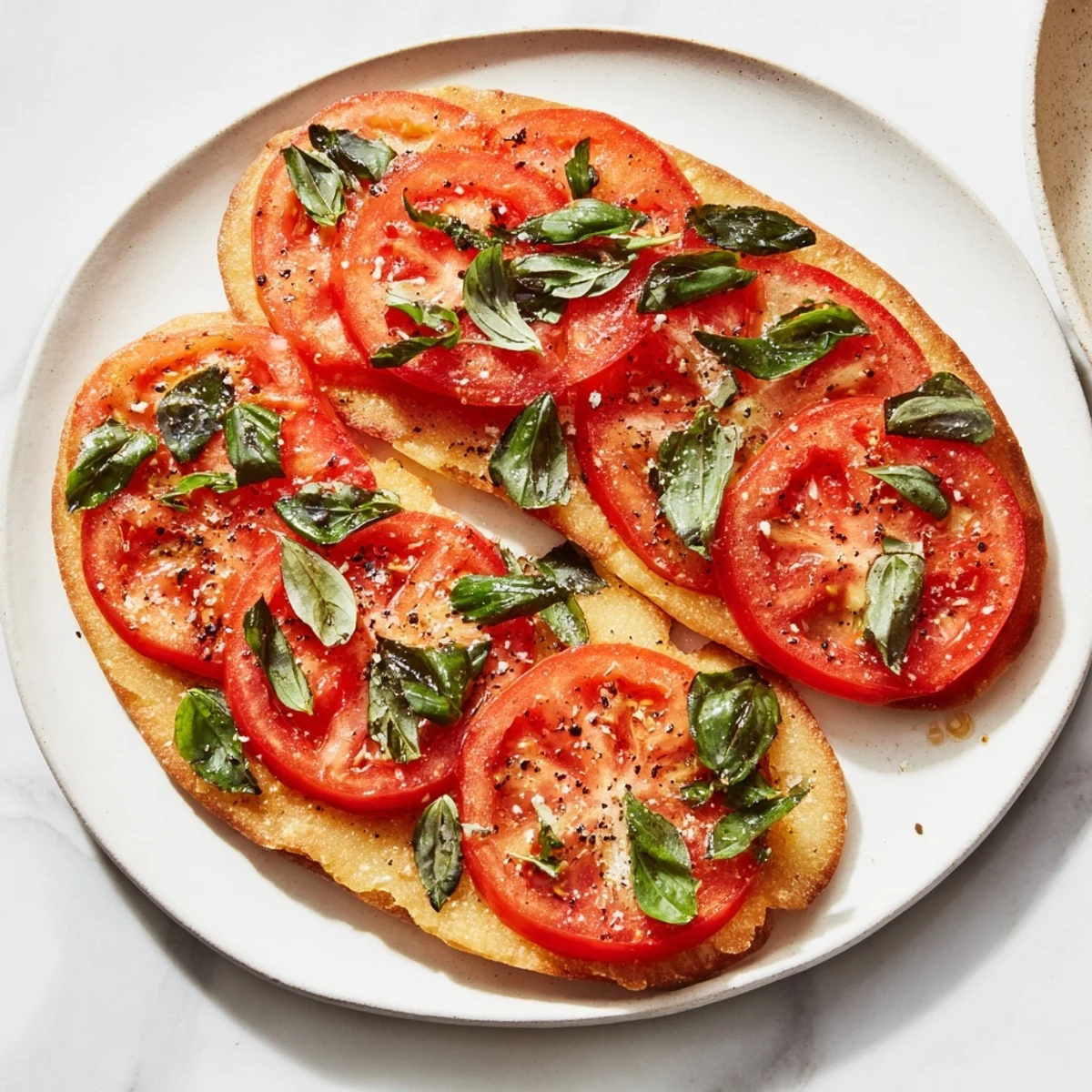 A delicious view: this Simple Homemade Tomato and Basil Flatbread boasts a crispy crust and summer flavors.