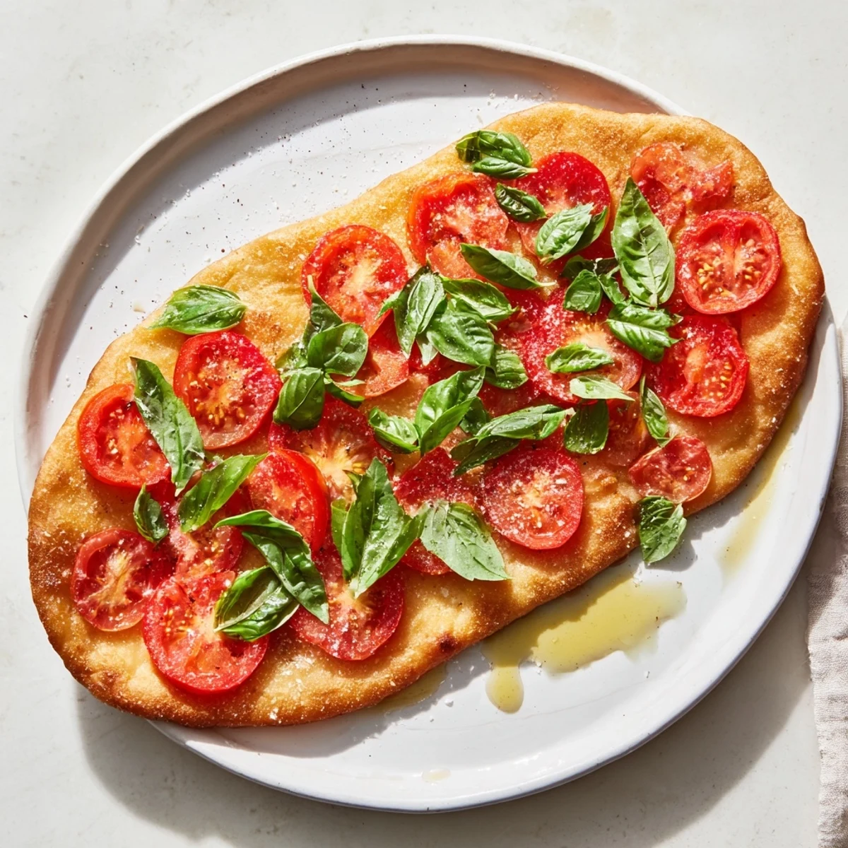 Close-up of Simple Homemade Tomato and Basil Flatbread, showing fresh basil with juicy tomato toppings.