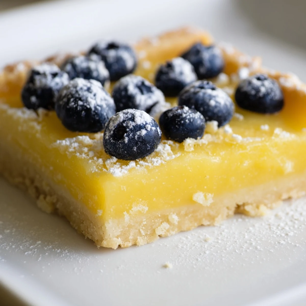 Golden, buttery shortbread base holds the creamy lemon curd and fresh blueberry squares.