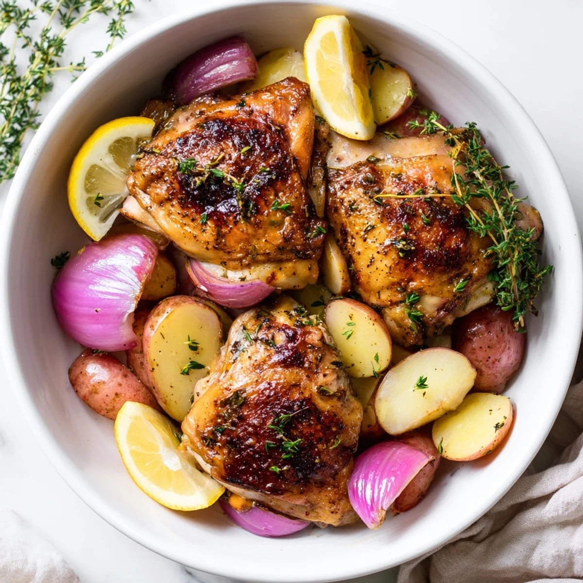 Aromatic One-Dish Baked Chicken Thighs with crispy skin, nestled amongst roasted potatoes, perfect for dinner.