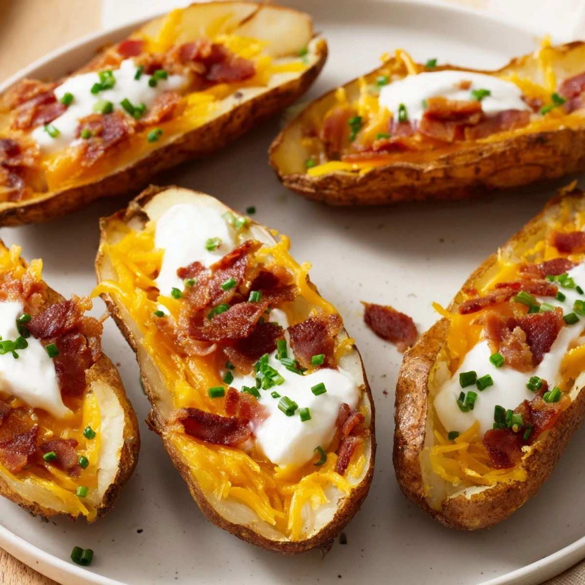 Golden, cheesy Crispy Air-Fryer Potato Skins topped with bacon, sour cream, and fresh chives.