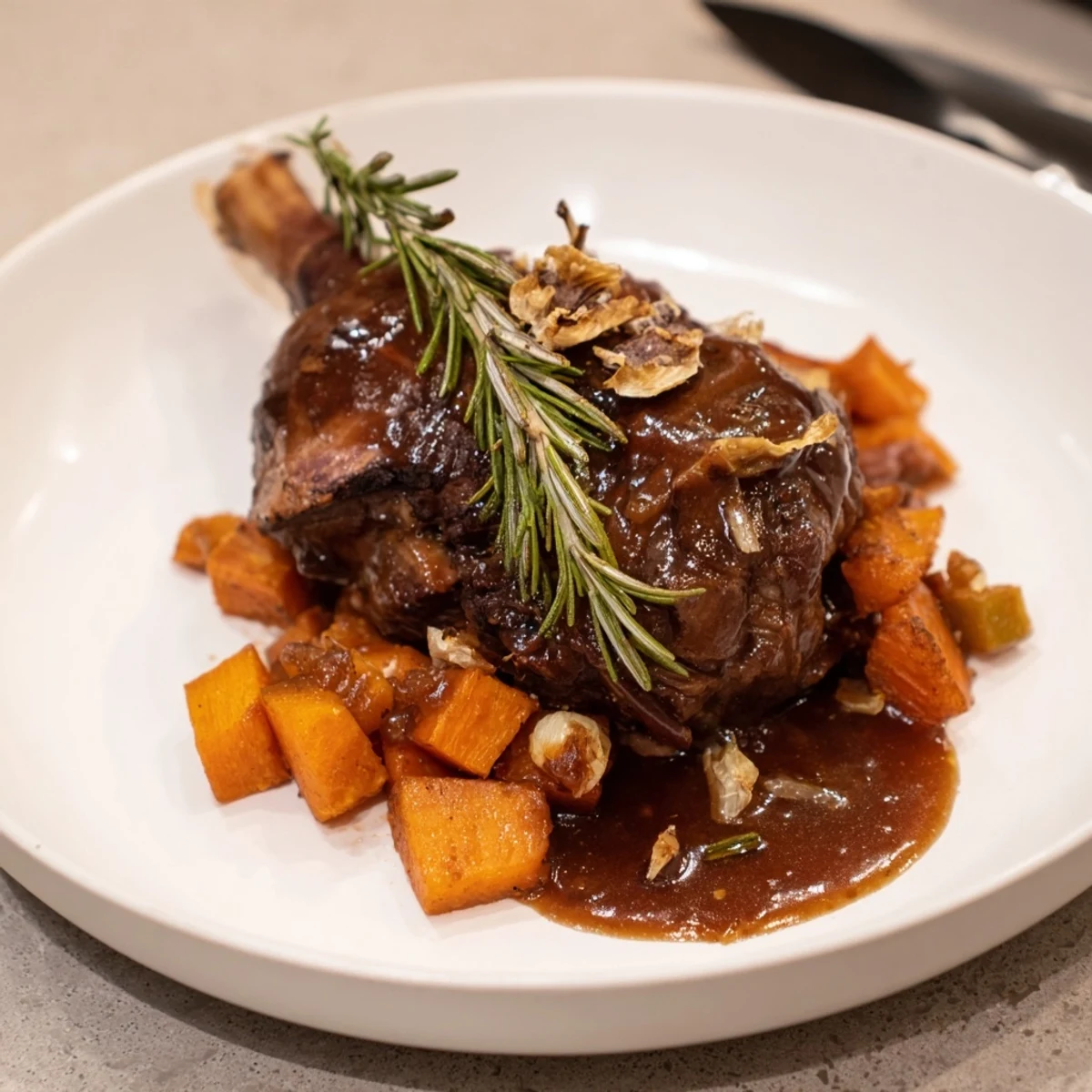 A close-up of golden-brown slow-roasted lamb shanks, a flavorful Mediterranean main course.