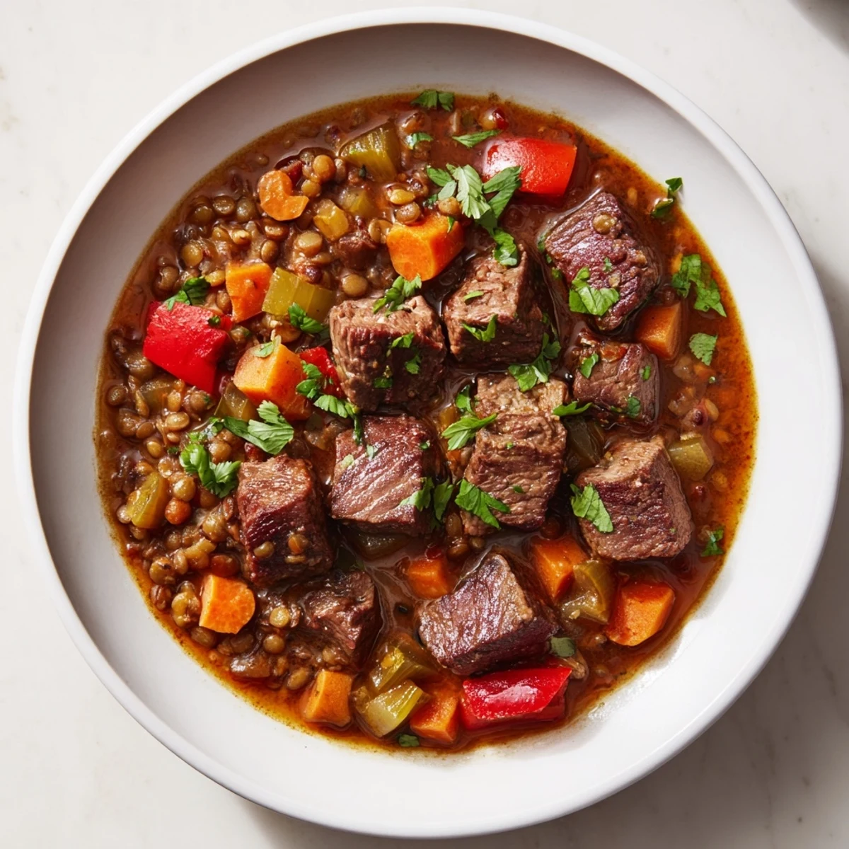 Steaming one-pot Spicy Beef and Lentil Soup, a comforting meal with tender beef and vegetables, ready to serve.