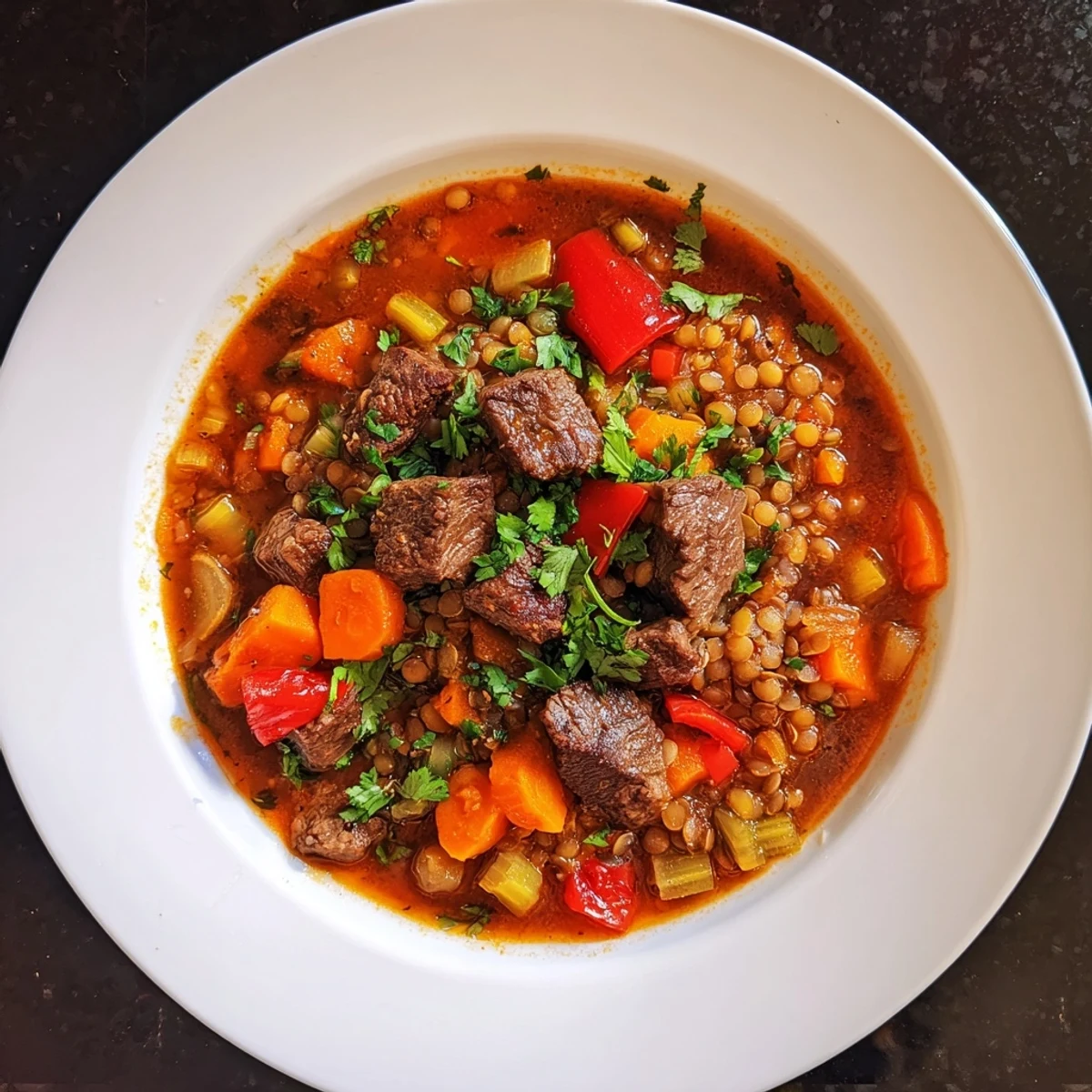 Hearty bowl of Spicy Beef and Lentil Soup, richly flavored, with vibrant red-pepper pieces and fresh cilantro garnish.