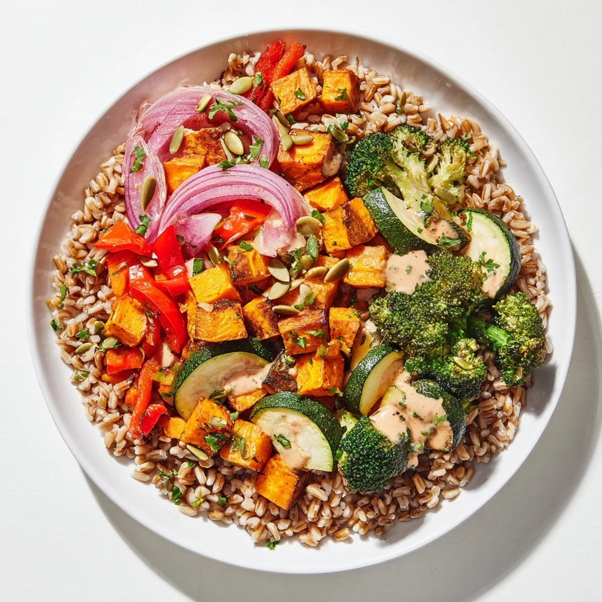 Hearty roasted vegetable and farro grain bowl with vibrantly colored vegetables drizzled with tahini dressing.