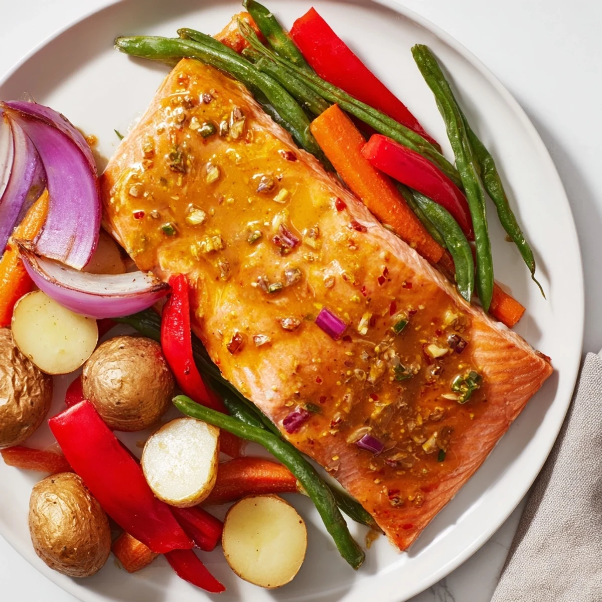 Delicious, easy One-Tray Baked Salmon featuring tender vegetables and a perfect honey mustard sauce.