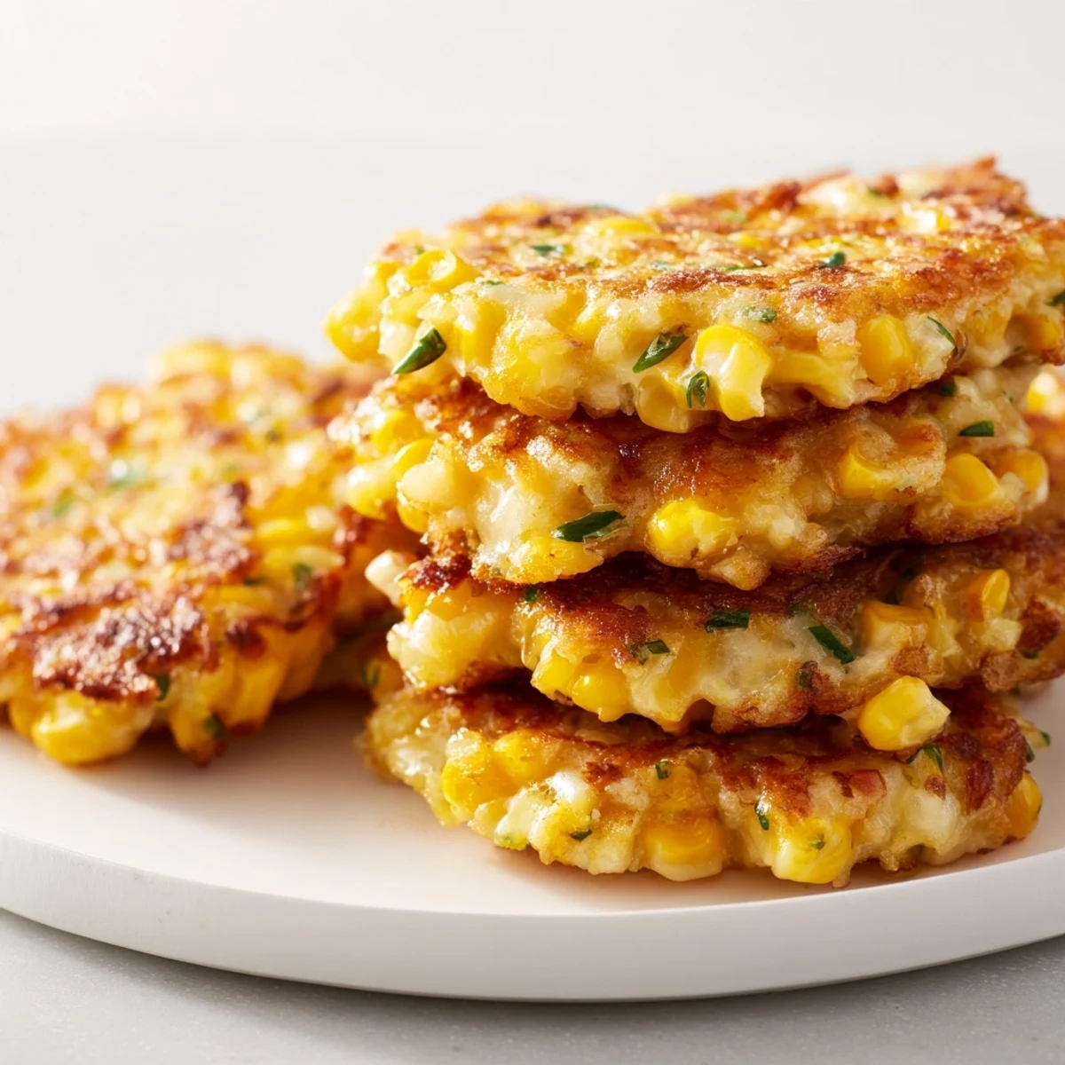 Golden corn and cheddar fritters, golden brown and crispy, ready to be served hot with fresh herbs.