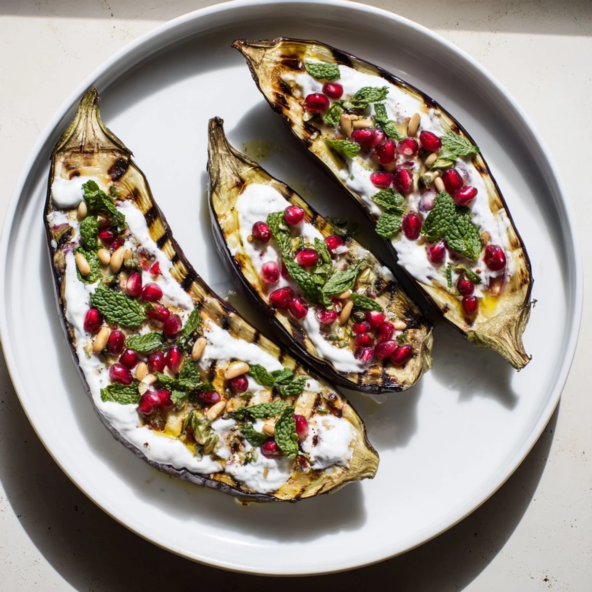 Roasted eggplant with pomegranate offers a beautiful color contrast and flavorful yogurt sauce, ready to serve.