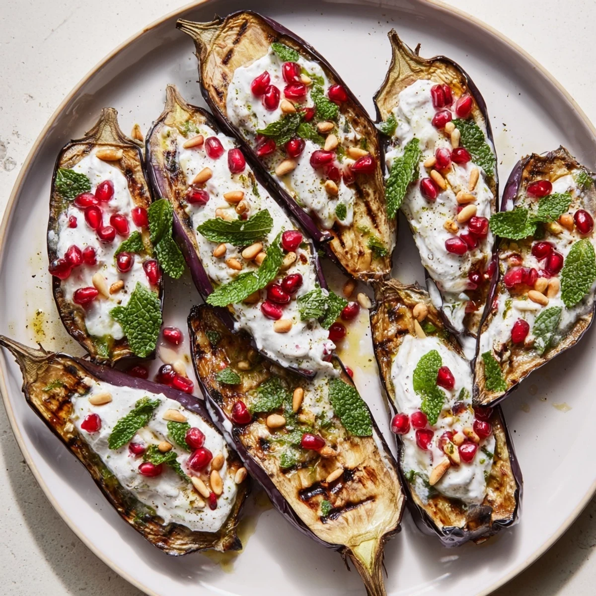 Tender roasted eggplant, glistening with olive oil and topped with yogurt, is bursting with pomegranate seeds.