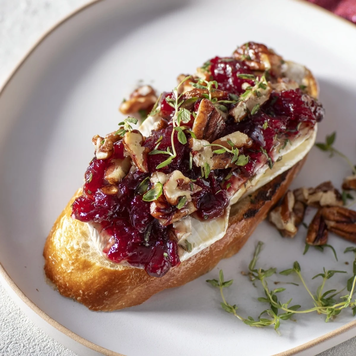 Golden-brown Festive Holiday Cranberry and Brie Crostini, with gooey Brie and bright red cranberry topping.