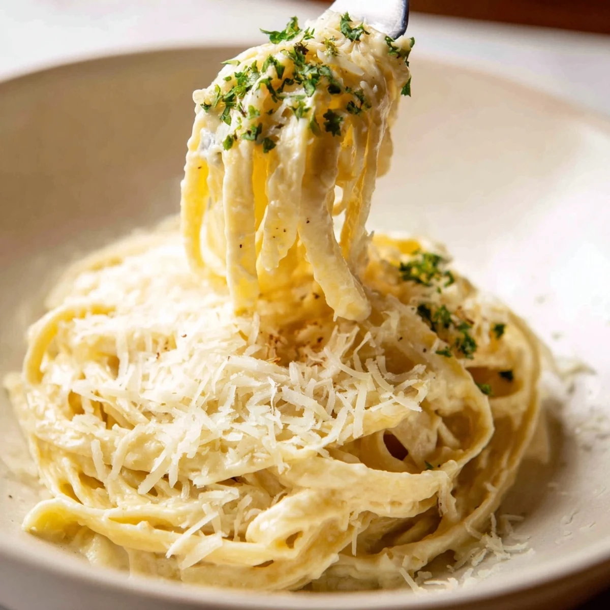 Creamy Alfredo Pasta: A steaming bowl of rich and delicious Parmesan sauce coats fettuccine, ready to eat.