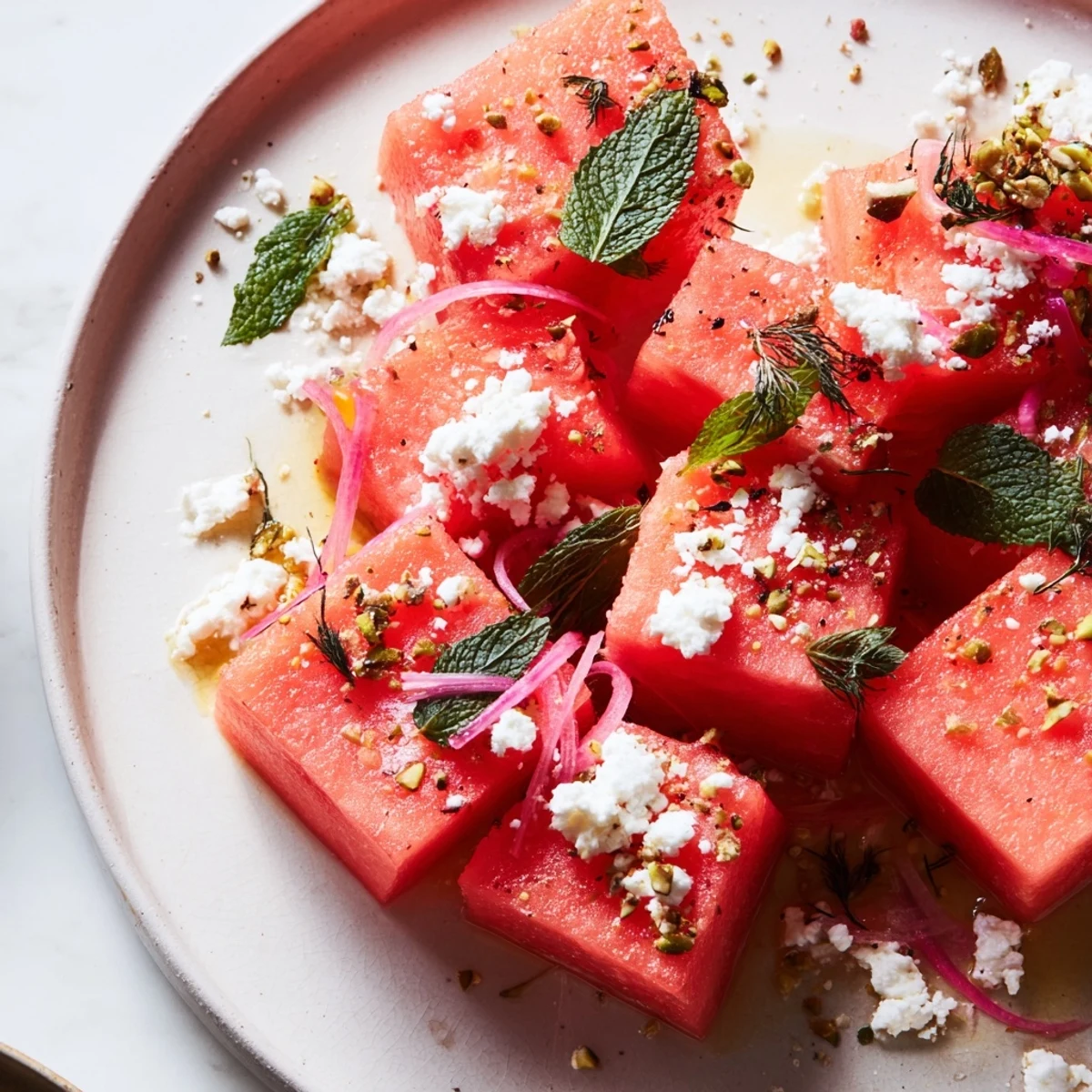 Close-up shot of Fresh Watermelon and Feta Salad, vibrant and glistening with balsamic glaze.