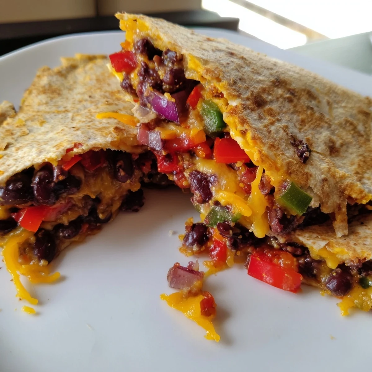 Golden, cheesy black bean quesadilla slices with vibrant peppers, ready to be served.