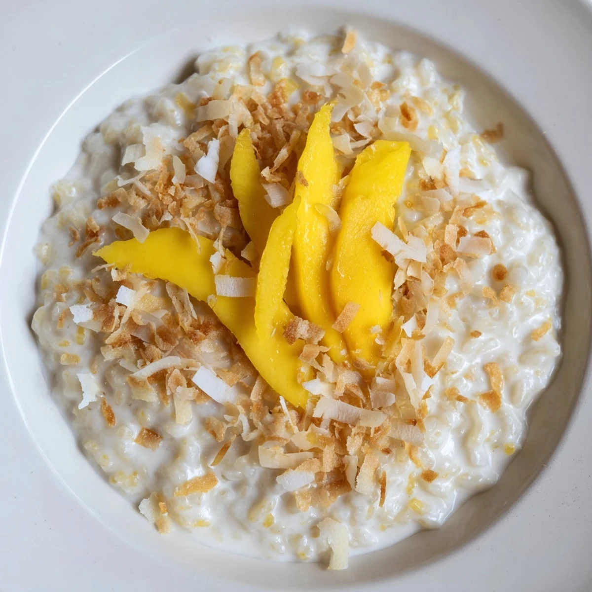 Creamy toasted coconut rice pudding, warm and inviting, topped with golden toasted coconut flakes.