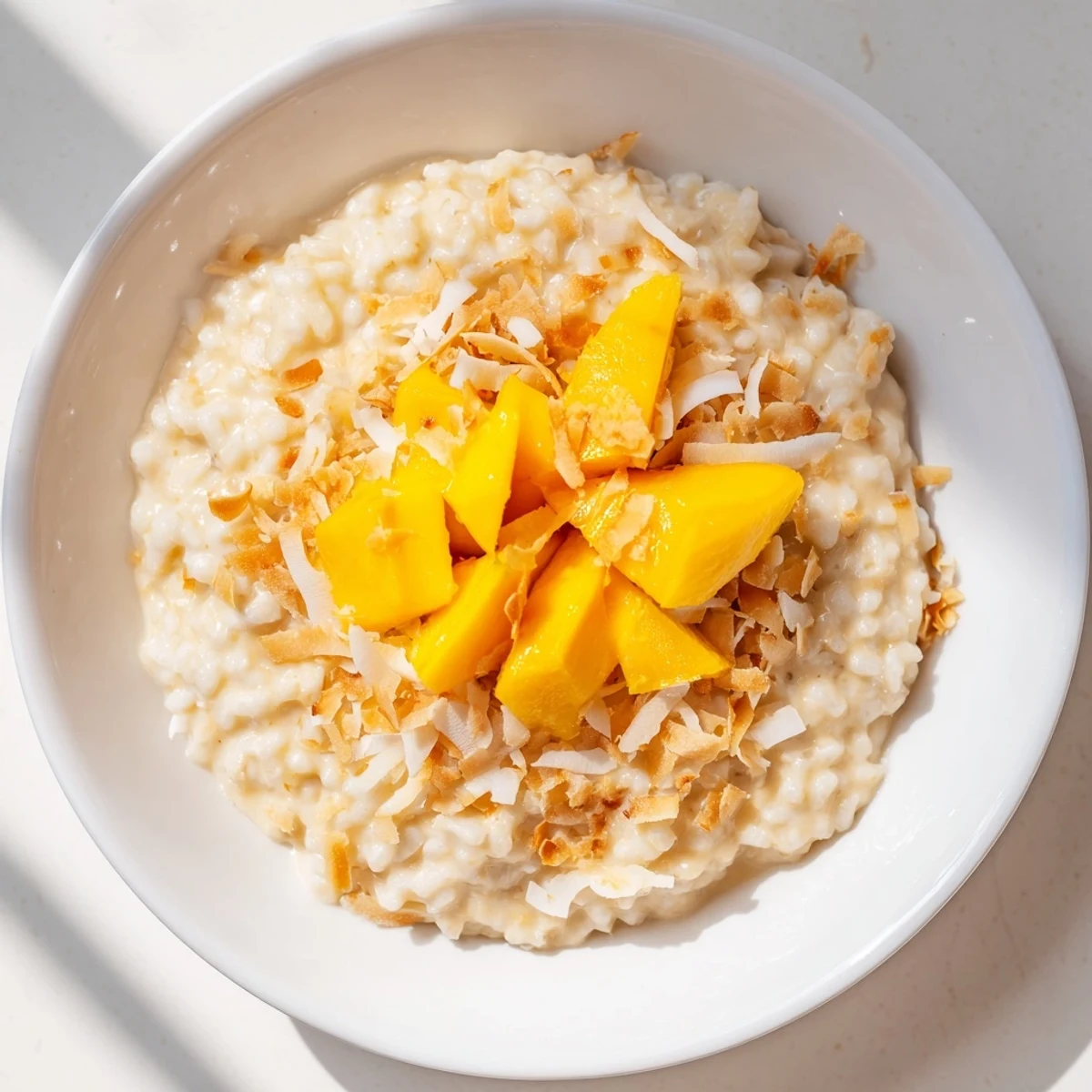 A bowl of delicious toasted coconut rice pudding, ready to be enjoyed with fresh fruit.