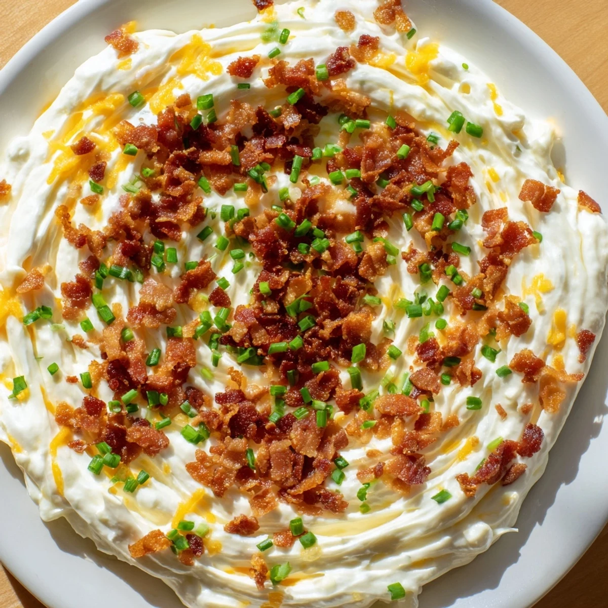 Golden, bubbly cheesy bacon ranch dip, rich with melted cheddar and crispy bacon crumbles.