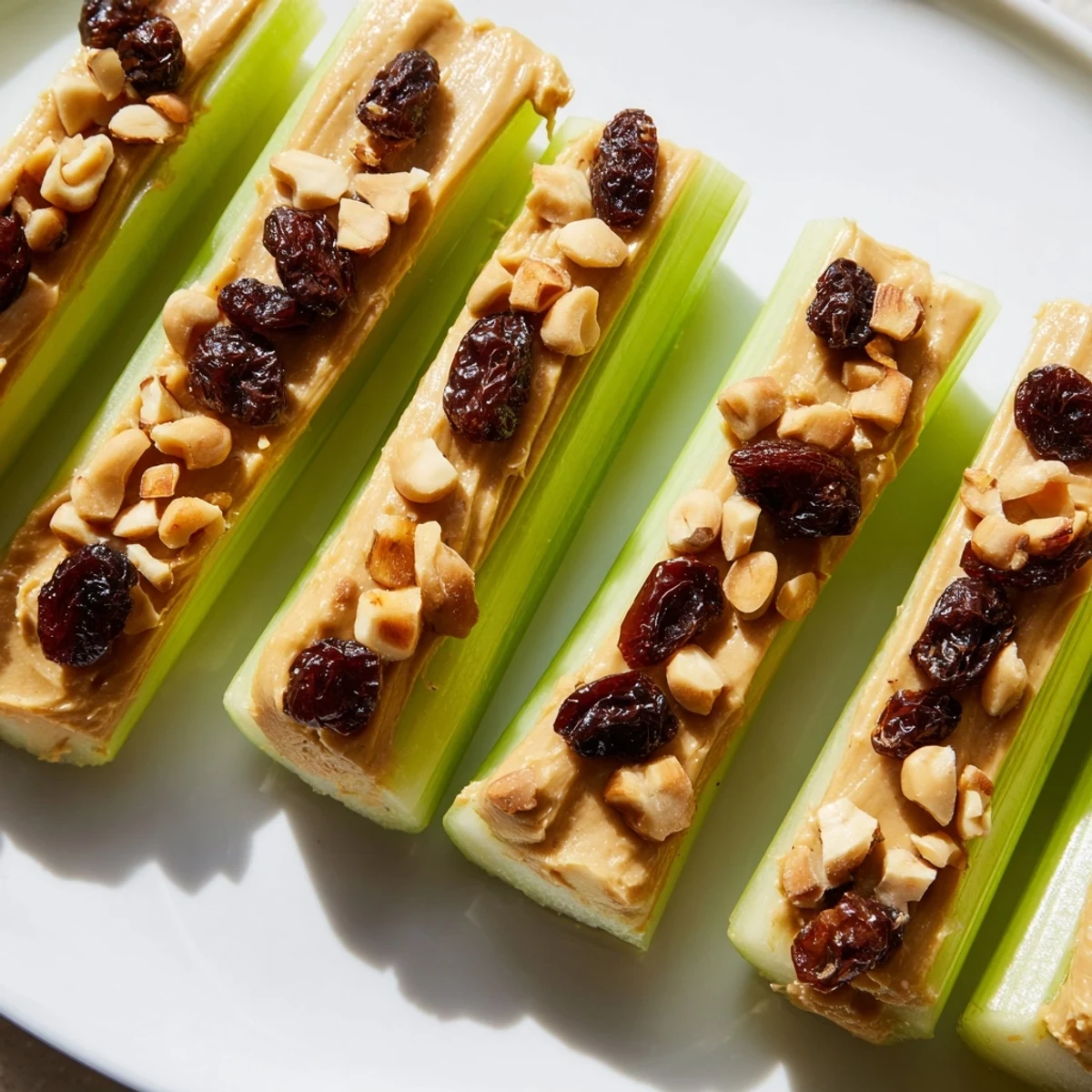 Delightful image: a platter of peanut butter celery sticks, perfect for kids, easy to prepare in minutes.