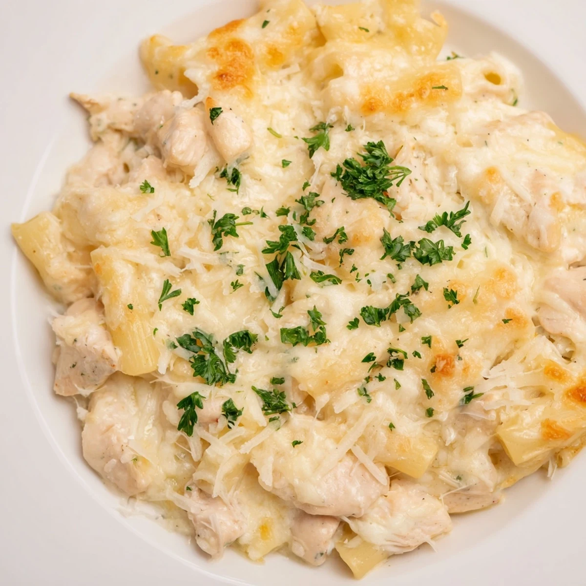Steaming Chicken Alfredo Bake, bubbling with melted cheese, promising creamy deliciousness in every bite.