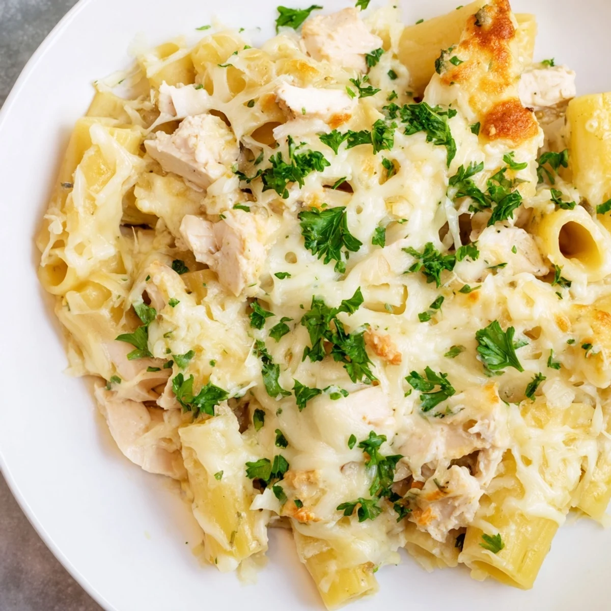 A close-up of creamy Chicken Alfredo Bake, speckled with parsley, ready to be served hot from the oven.