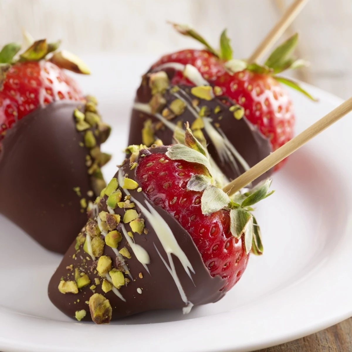 Sweet, juicy chocolate-dipped strawberry skewers glistening, ready to enjoy as a perfect party dessert.