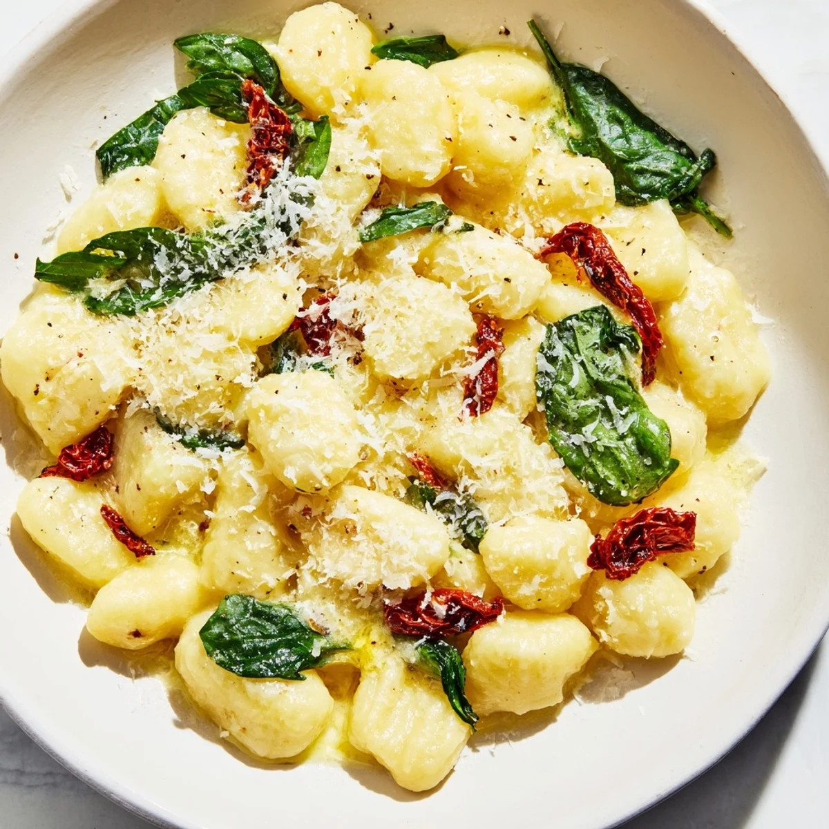 Plating a bowl of flavorful Creamy Tuscan Gnocchi, garnished with Parmesan for a delicious meal.