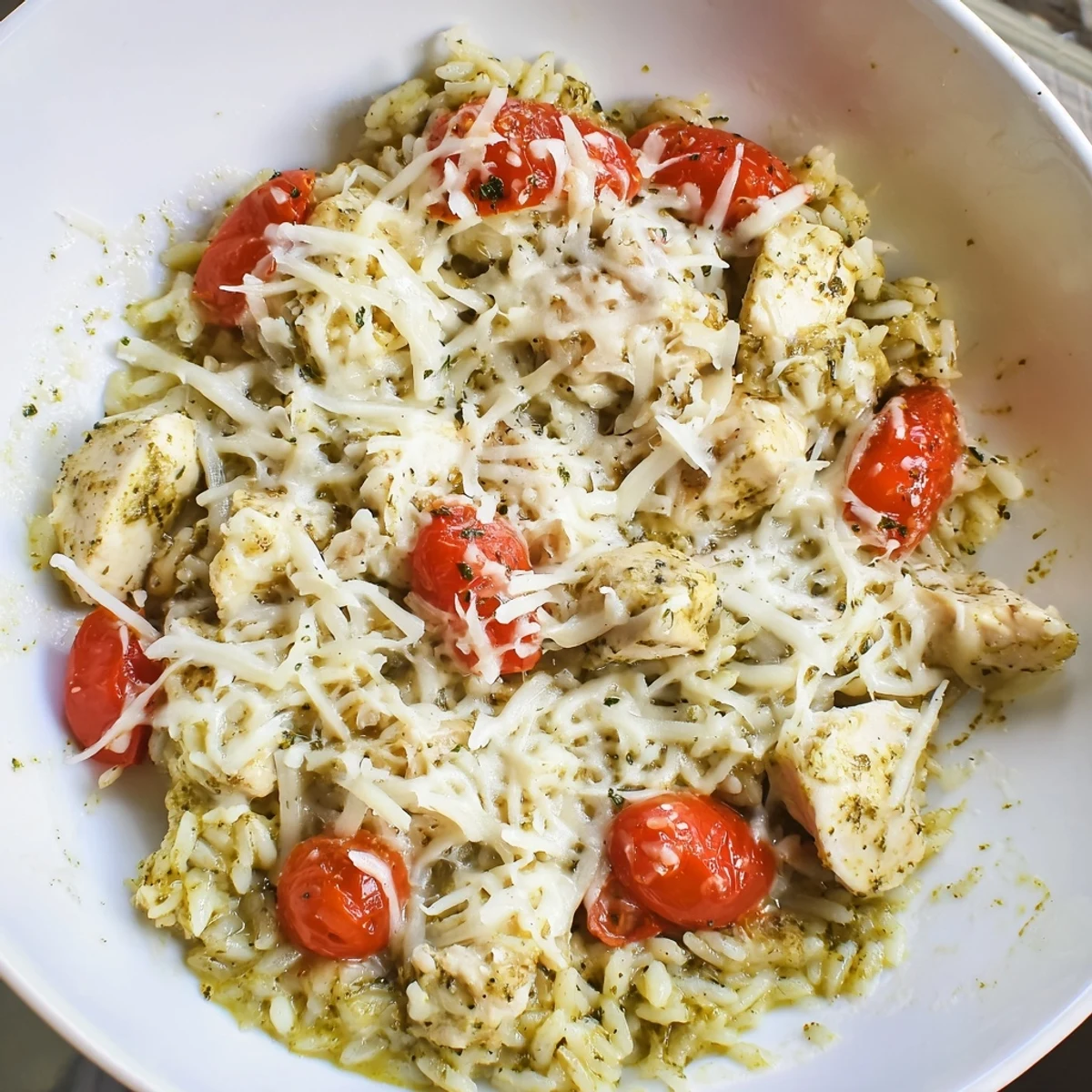 Golden, bubbly Chicken Pesto Rice Bake fresh from the oven, ready for a delicious dinner.