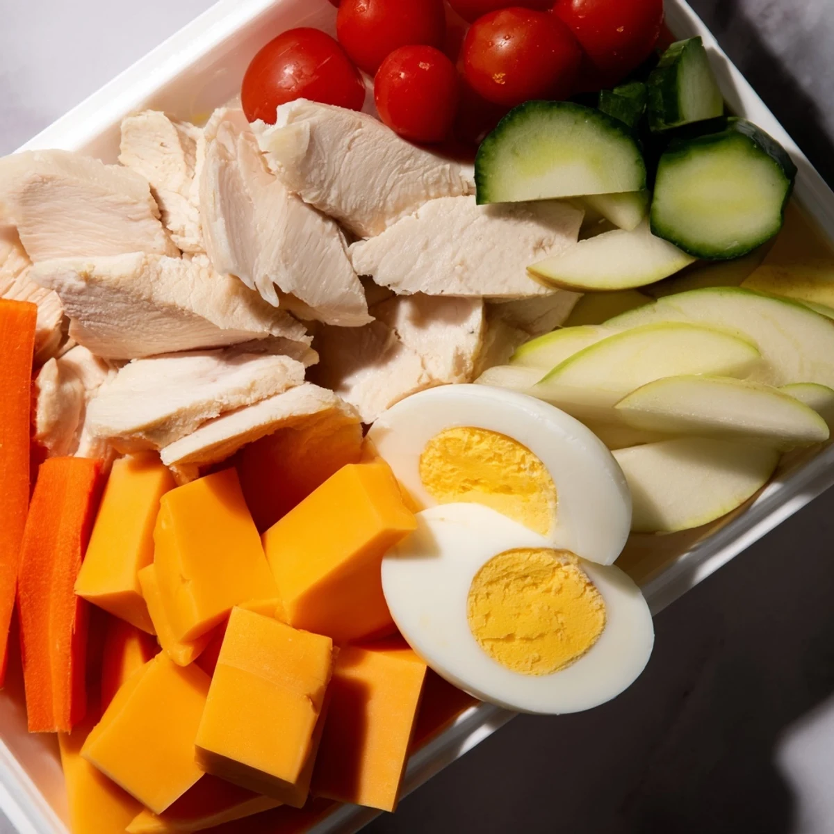 Vibrant protein snack boxes filled with turkey, eggs, and fruit, perfect for a quick and healthy lunch.