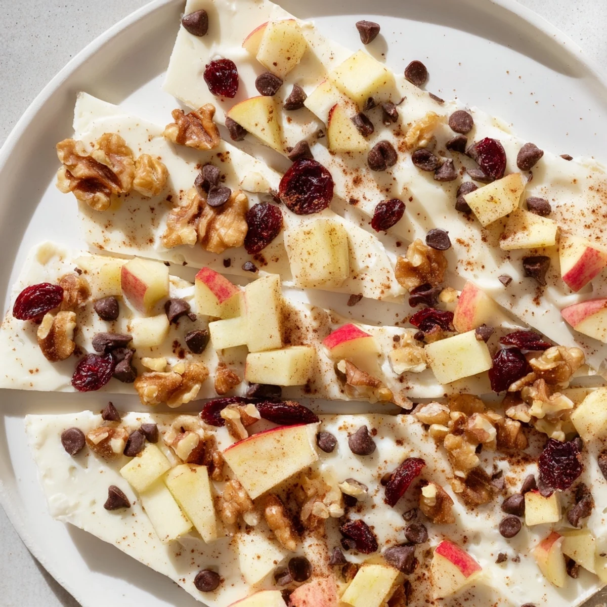 Homemade apple cinnamon yogurt bark, visually appealing with vibrant fruit and creamy, frozen yogurt layers.