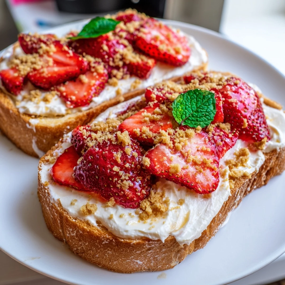 Strawberry Cheesecake Toast: golden slices with creamy cheese and vibrant, juicy strawberries.