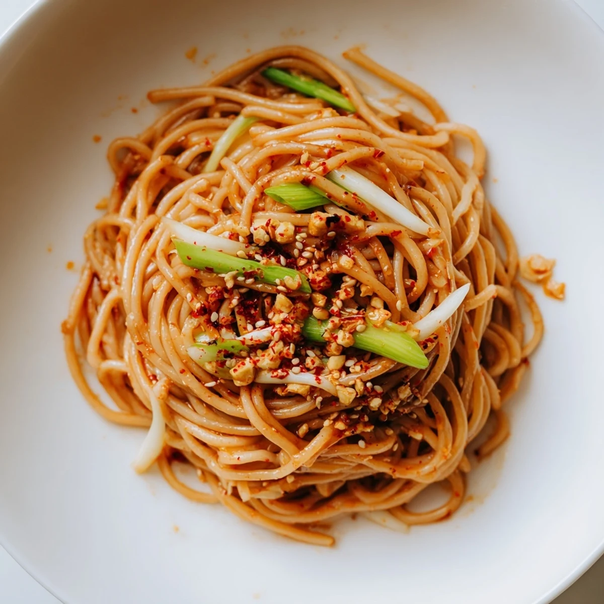 Steaming bowl of Garlic Chili Oil Noodles with vibrant scallions and toasty sesame seeds.