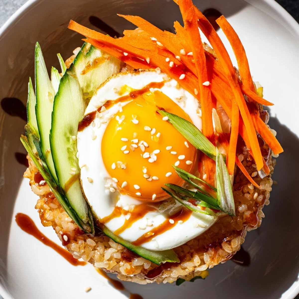 Golden-crisped crispy egg rice bowl topped with a runny fried egg, fresh vegetables and savory sauce.