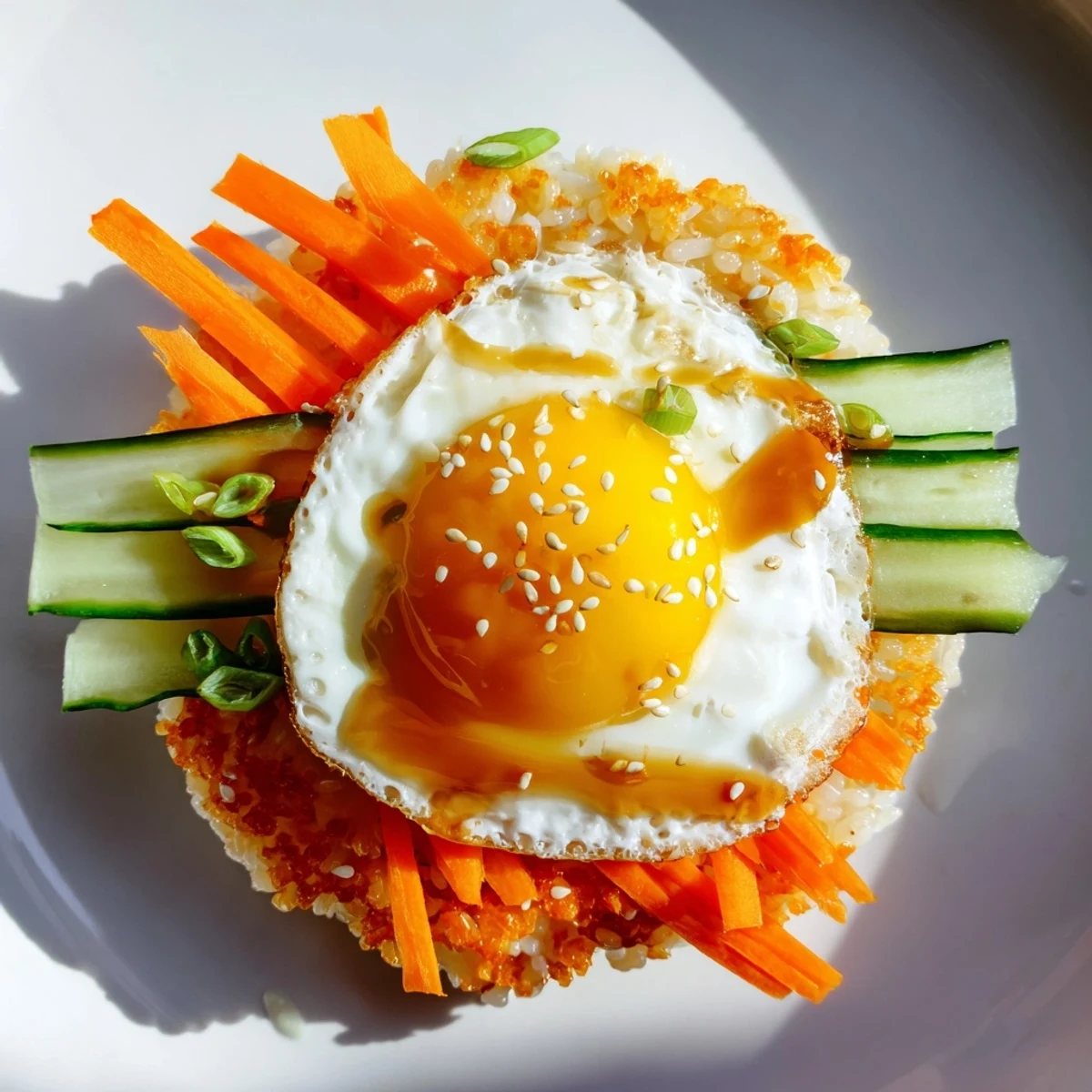 Enjoy a restaurant-quality crispy egg rice bowl: a perfectly fried egg sits on a bed of crispy rice.