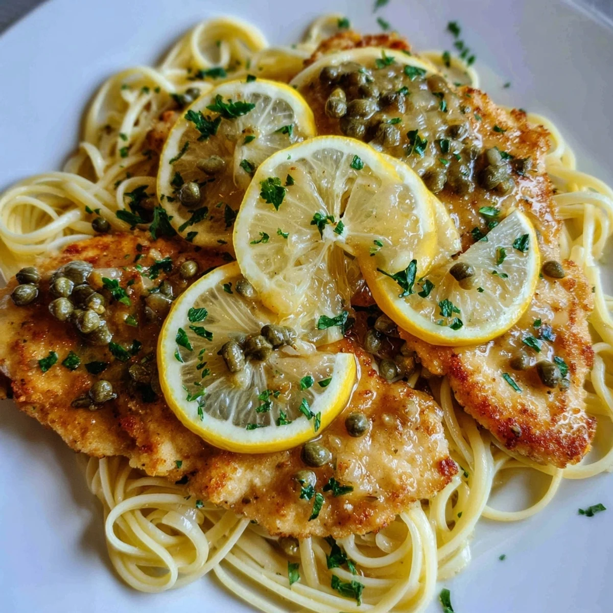 A beautiful plate showcasing Quick Chicken Piccata Pasta, with bright lemon slices and fresh parsley.