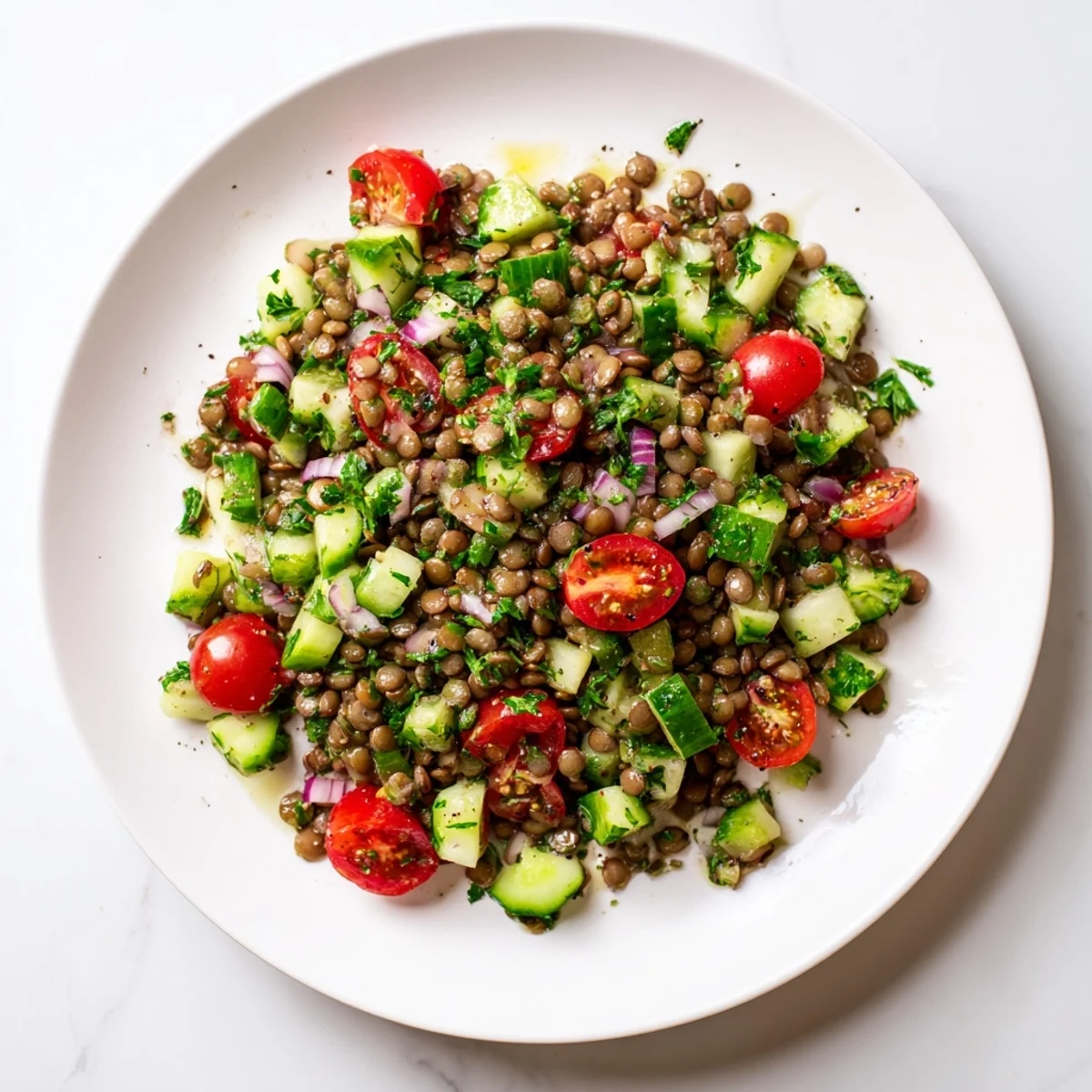 A colorful Lentil Salad featuring plump tomatoes, fresh herbs, and a zesty, homemade vinaigrette for lunch.
