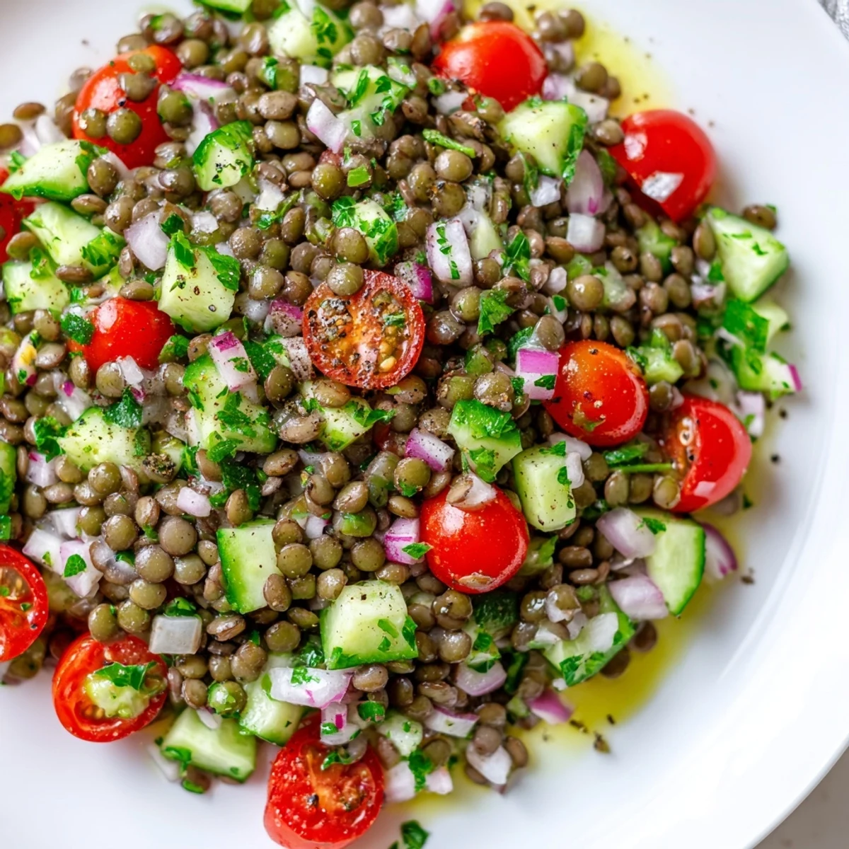 Enjoy this vibrant Lentil Salad; imagine the beautiful colors and the savory, refreshing flavors combined.