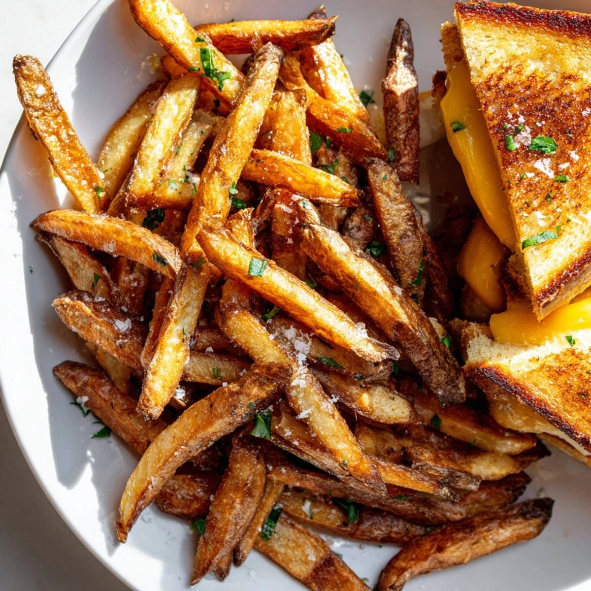Golden, crispy beef tallow french fries beside a melted cheddar grilled cheese sandwich, a perfect pairing.