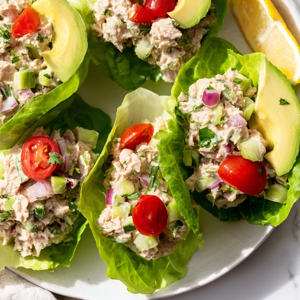 A close-up of fresh tuna salad lettuce wraps, ready for a delicious, healthy meal.