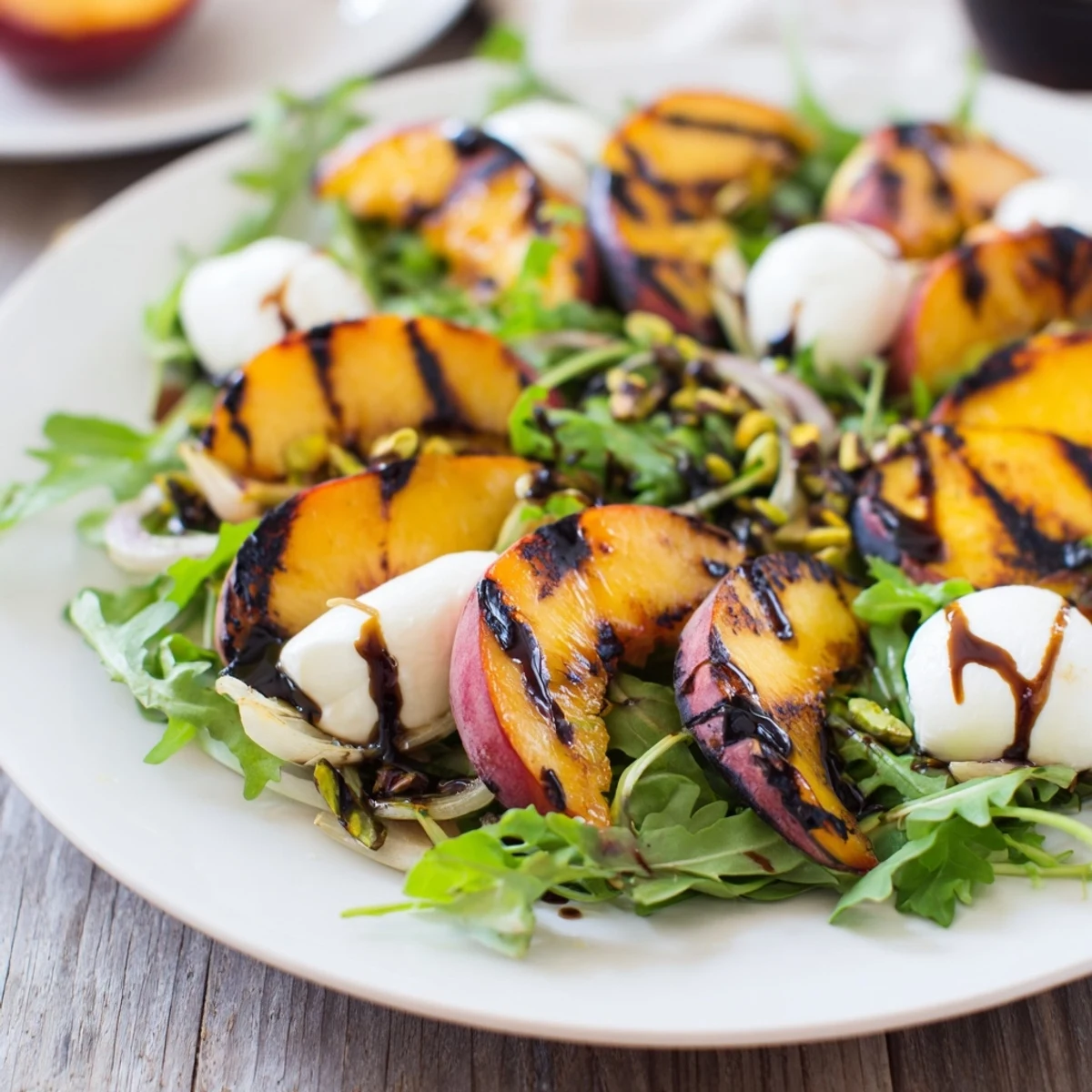 Grilled Peach Salad with charred peaches, creamy burrata, and a balsamic glaze drizzled over the top.
