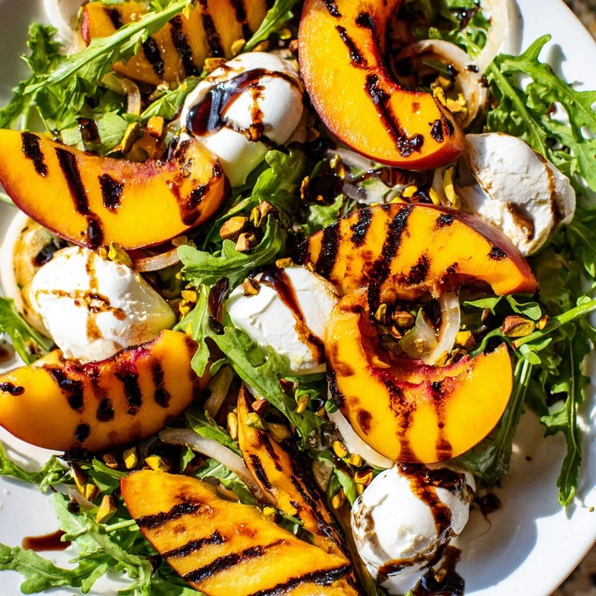 Fresh, vibrant Grilled Peach Salad featuring bright arugula and toasted nuts ready to eat.
