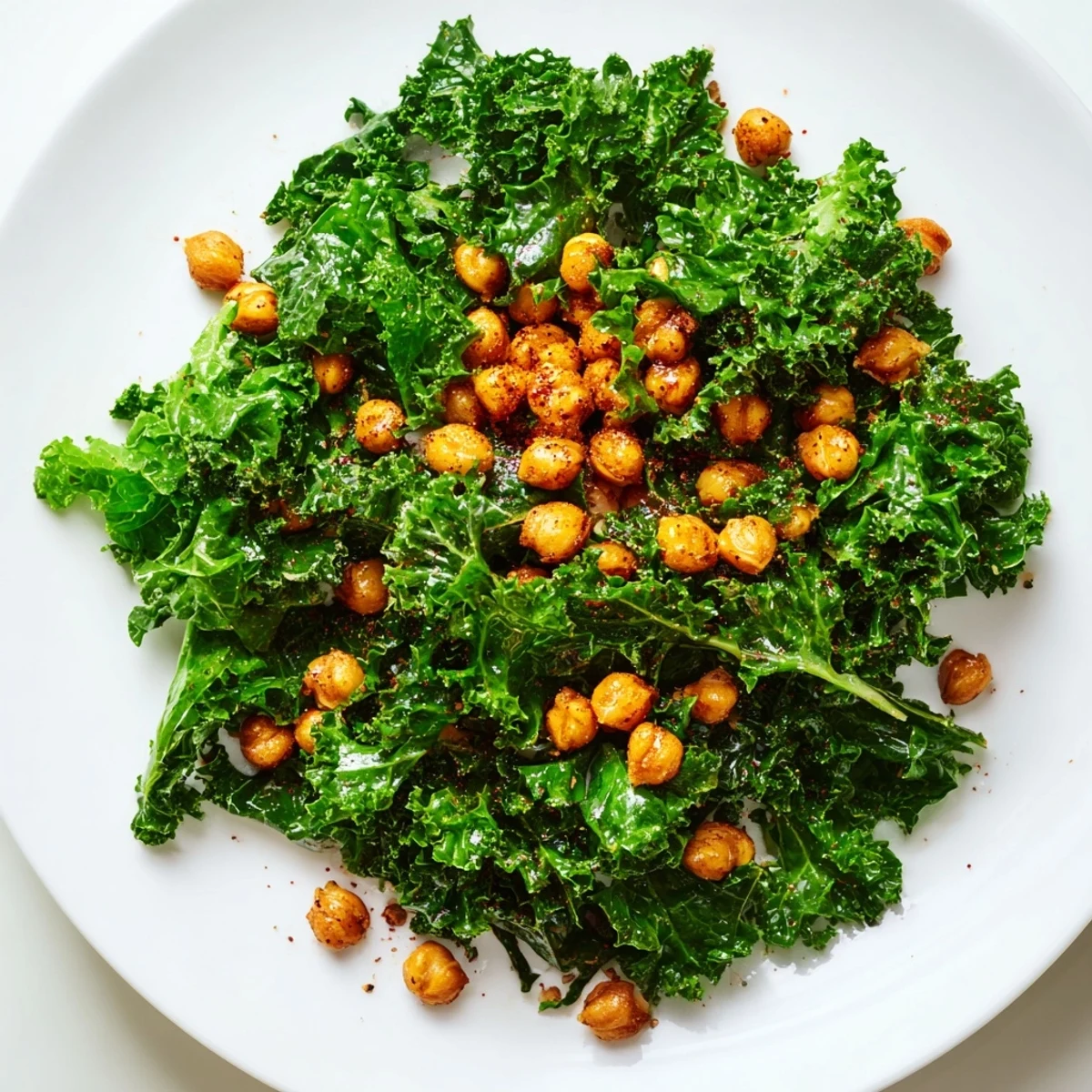 A beautifully composed Warm Kale Salad with Crispy Chickpeas, ready to be enjoyed as a vegan feast.
